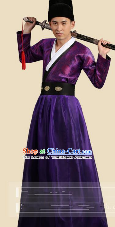 Traditional China Ancient Song Dynasty Imperial Bodyguard Costume Swordsman Purple Robe Clothing for Men