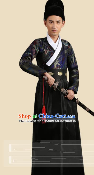 Traditional China Ancient Song Dynasty Imperial Bodyguard Costume Swordsman Black Robe Clothing for Men