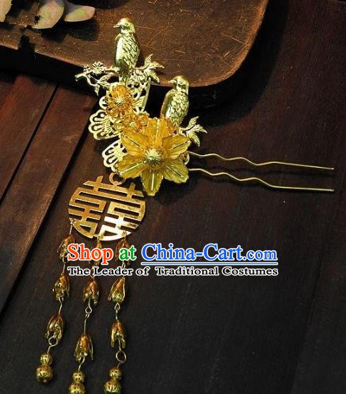 Chinese Handmade Classical Wedding Hair Accessories Ancient Hanfu Hairpins Golden Birds Hair Clip for Women