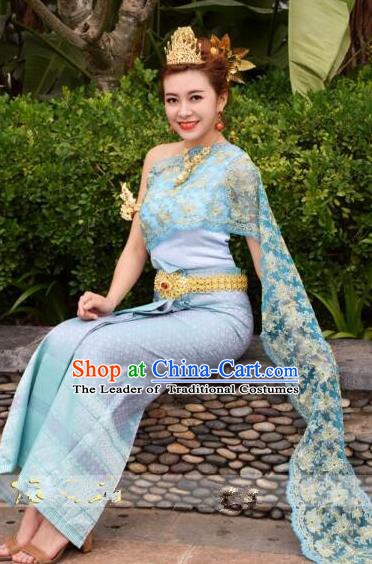 Traditional Asian Thailand Stage Performance Costume National Blue Dress for Women