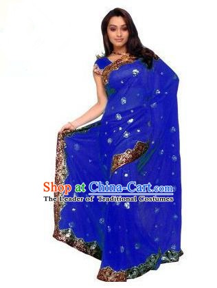 Traditional Asian India Stage Performance Costume Hindustan Indian National Royalblue Dress Clothing for Women