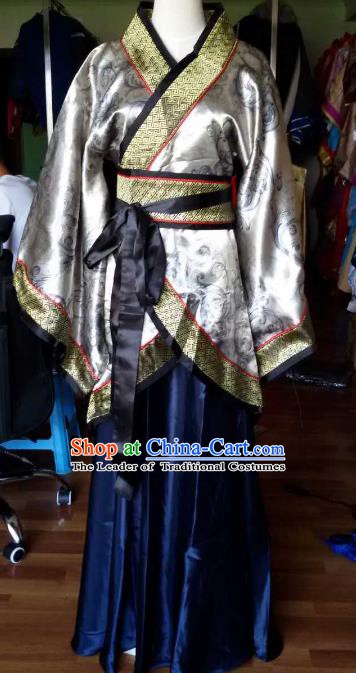 Traditional China Ancient Han Dynasty Royal Princess Costume Hanfu Grey Curving-front Robe for Women