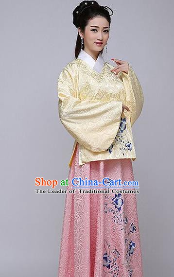 Traditional China Ancient Ming Dynasty Princess Costume Hanfu Yellow Blouse and Pink Skirt for Women