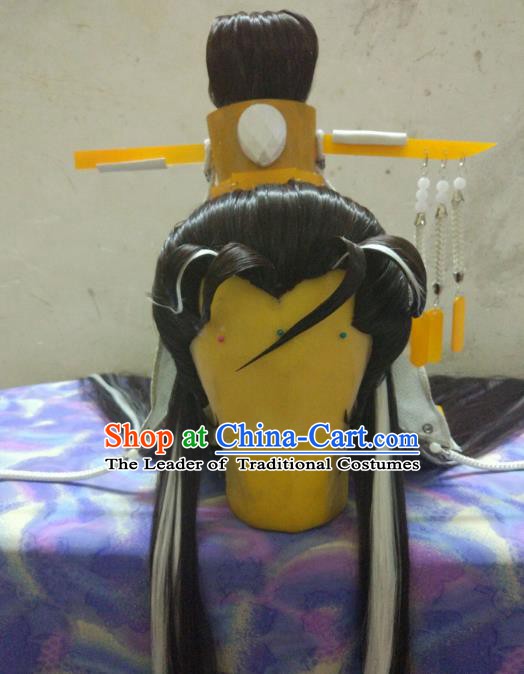 Traditional China Ancient Cosplay Swordsman Hair Accessories Wig and Hairdo Crown for Men