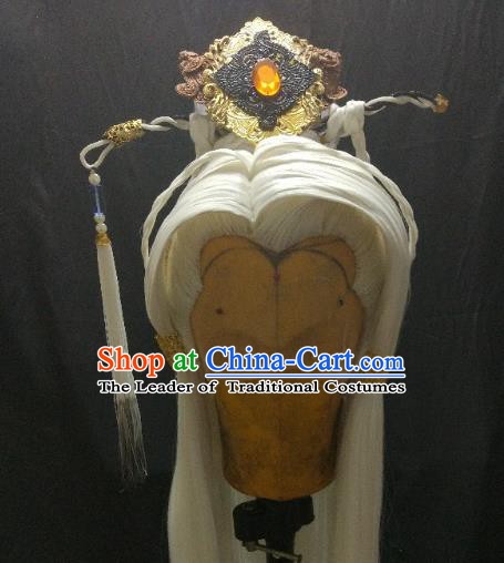 Traditional China Ancient Cosplay Swordsman White Wig and Hair Accessories Headwear for Men