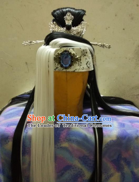 Traditional China Ancient Cosplay Swordsman Hair Accessories Wig and Hairpins for Men