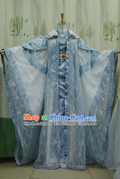 China Ancient Cosplay Halloween Swordswoman Costume Traditional Princess Hanfu Blue Dress for Women