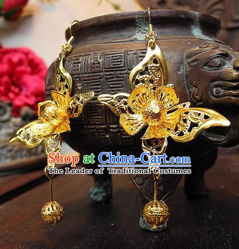Asian Chinese Traditional Handmade Jewelry Accessories Palace Lady Golden Butterfly Earrings for Women