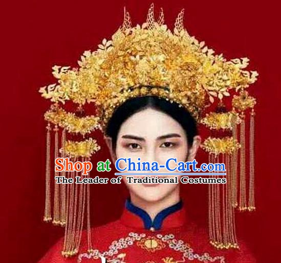 Chinese Handmade Classical Hair Accessories Ancient Wedding Hanfu Golden Phoenix Coronet Headwear for Women