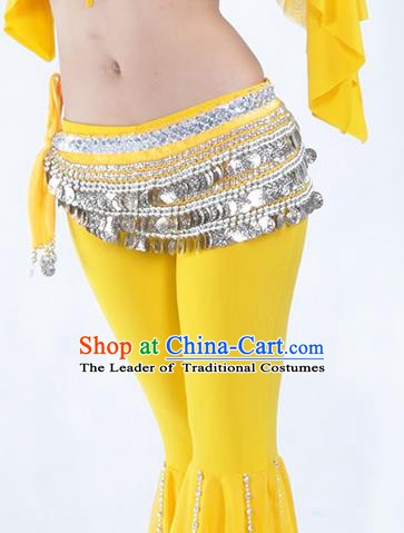 Asian Indian Belly Dance Argent Paillette Waistband Accessories India National Dance Yellow Belts for Women