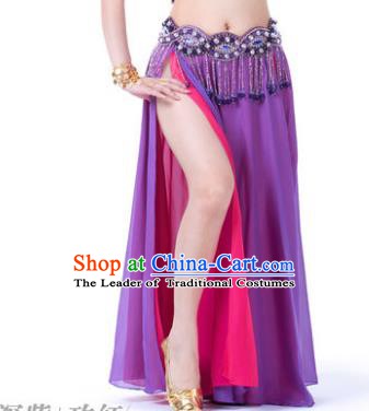 Asian Indian Belly Dance Costume Stage Performance Purple and Rosy Skirt, India Raks Sharki Slit Dress for Women