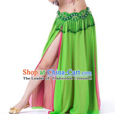 Asian Indian Belly Dance Costume Stage Performance Light Green and Rosy Skirt, India Raks Sharki Slit Dress for Women