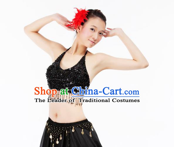 Top Indian Bollywood Belly Dance Costume Oriental Dance Black Paillette Brassiere for Women