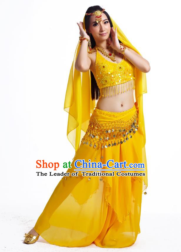 Indian Belly Dance Costume Oriental Dance Yellow Dress, India Raks Sharki Bollywood Dance Clothing for Women