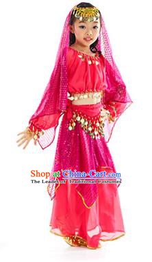 Indian Traditional Belly Dance Rosy Dress Asian India Oriental Dance Costume for Kids