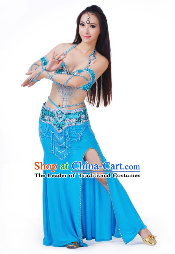 Indian Traditional Belly Dance Blue Dress Asian India Sexy Oriental Dance Costume for Women