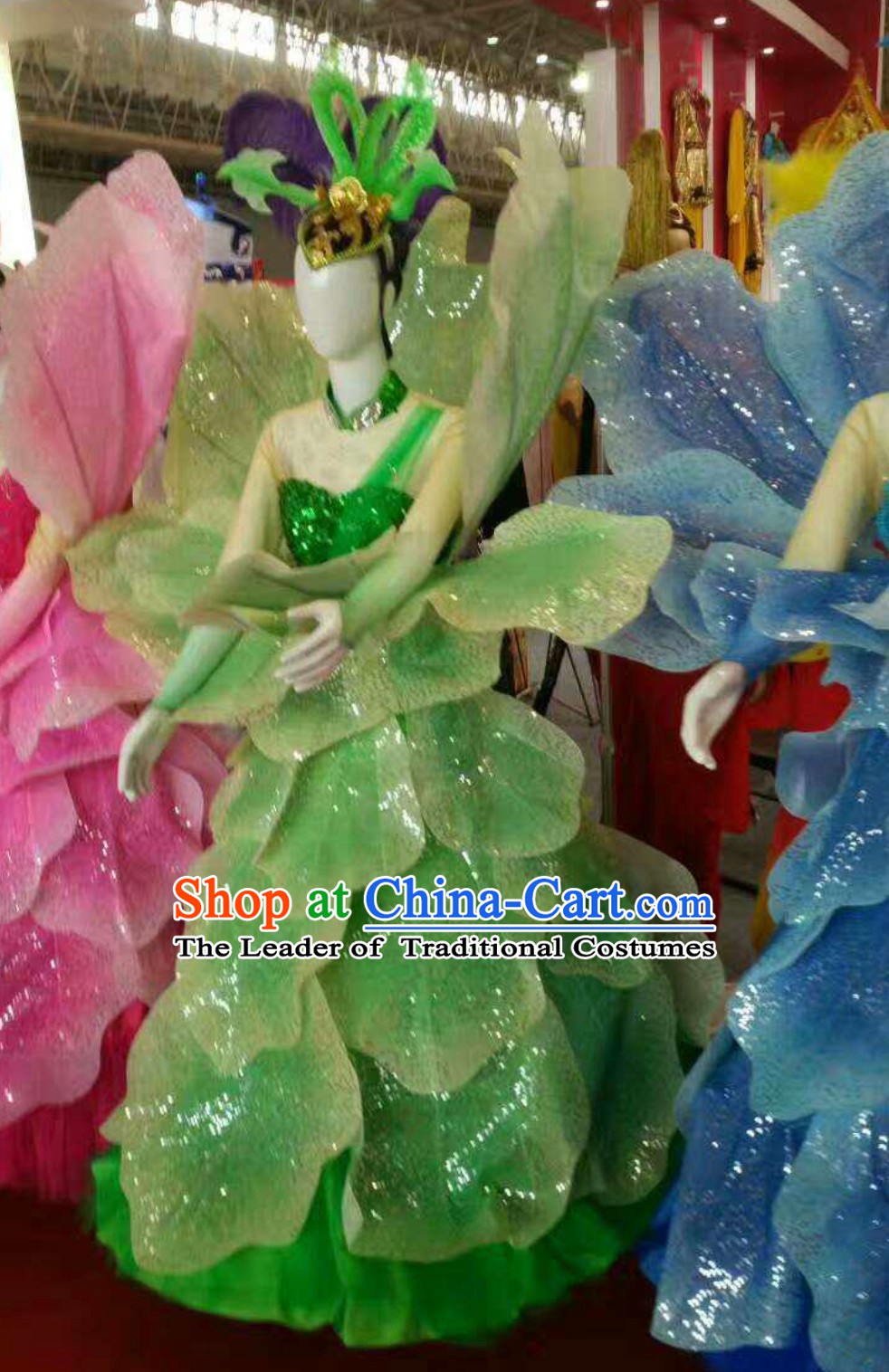 Green Chinese Classical Flower Dance Costume Dancing Costumes and Headpieces Complete Set for Women