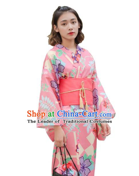 Asian Japanese Traditional Costumes Japan Kimono Yukata Pink Dress Clothing for Women