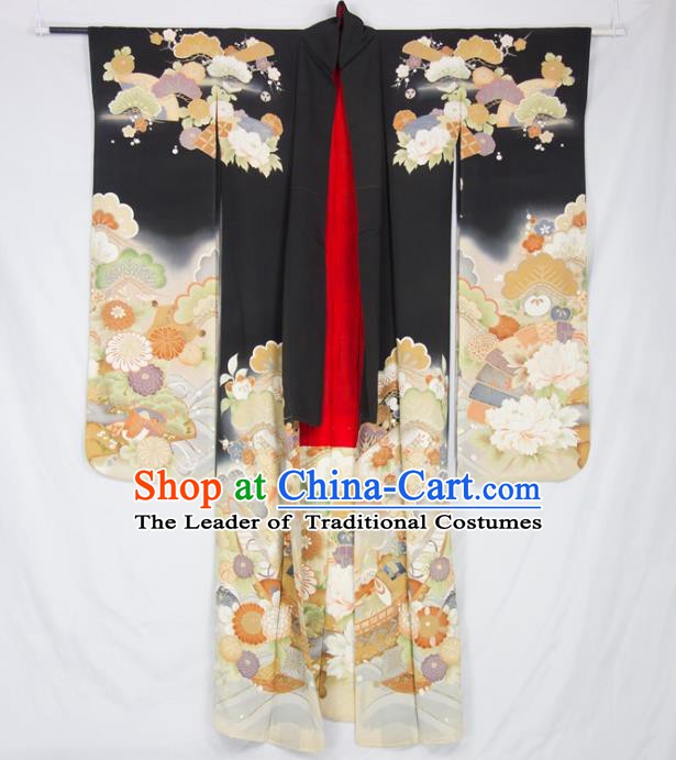 Asian Japanese Traditional Costumes Japan Furisode Kimono Yukata Embroidered Flowers Black Dress Clothing for Women