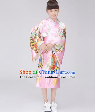 Asian Japanese Traditional Costumes Japan Printing Satin Furisode Kimono Yukata Pink Dress Clothing for Kids