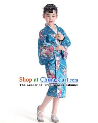Asian Japanese Traditional Costumes Japan Satin Furisode Kimono Yukata Printing Peony Blue Dress Clothing for Kids