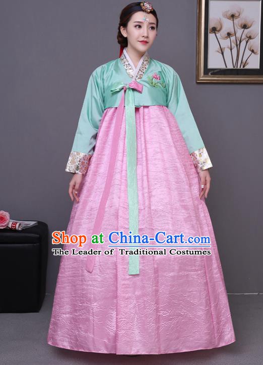 Asian Korean Dance Costumes Traditional Korean Hanbok Clothing Wedding Green Blouse and Pink Dress for Women