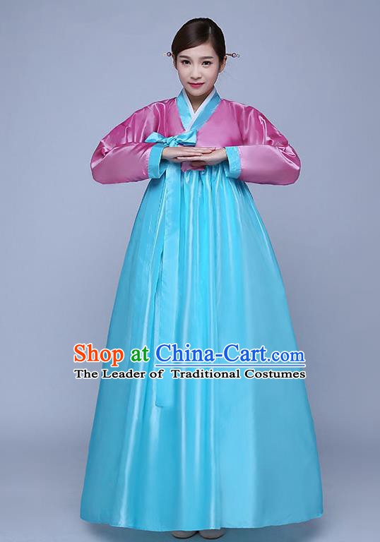 Asian Korean Dance Costumes Traditional Korean Hanbok Clothing Wedding Pink Blouse and Blue Dress for Women