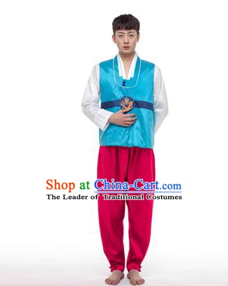 Asian Korean Palace Costumes Traditional Korean Bridegroom Blue Hanbok Clothing for Men