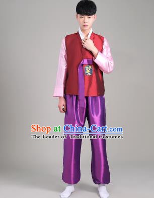 Asian Korean Palace Costumes Traditional Korean Bridegroom Wine Red Hanbok Clothing for Men