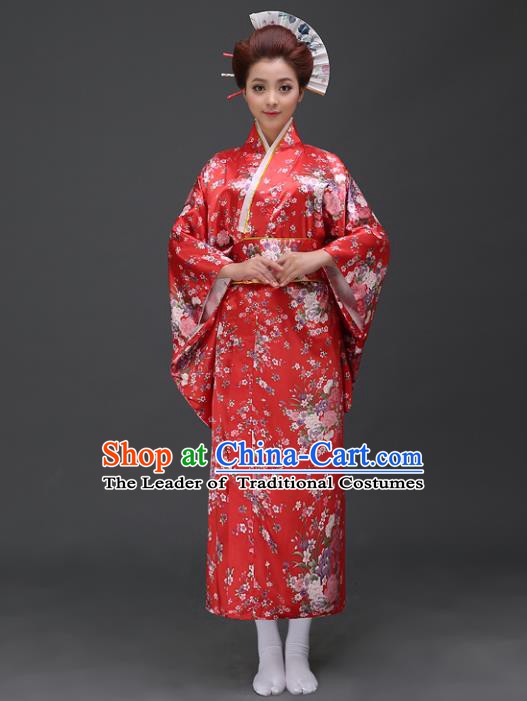 Asian Japanese Traditional Costumes Japan Printing Red Satin Furisode Kimono Yukata Dress Clothing for Women