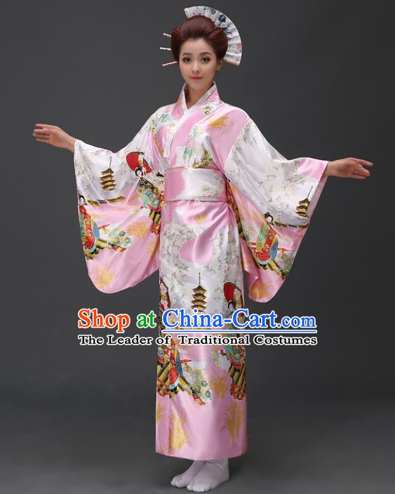 Asian Japanese Traditional Costumes Japan Printing Pink Satin Furisode Kimono Yukata Dress Clothing for Women