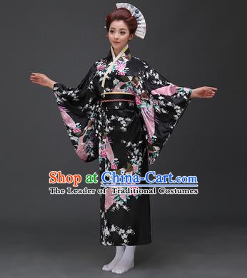 Asian Japanese Traditional Costumes Japan Printing Flowers Black Satin Furisode Kimono Yukata Dress Clothing for Women