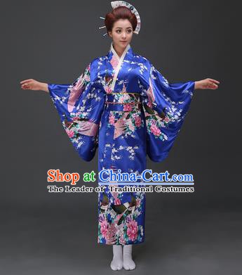 Asian Japanese Traditional Costumes Japan Printing Peacock Peony Blue Satin Furisode Kimono Yukata Dress Clothing for Women