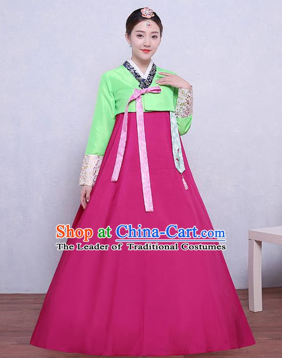 Asian Korean Dance Costumes Traditional Korean Dress Hanbok Clothing Green Blouse and Rosy Skirt for Women