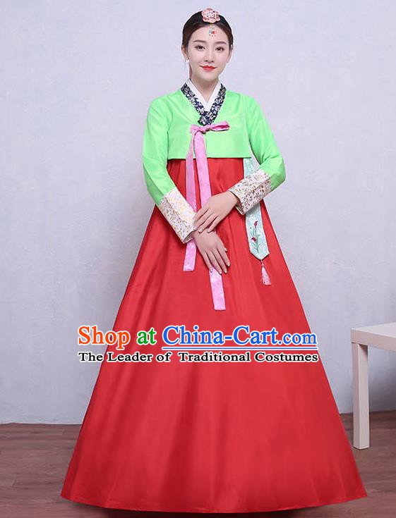 Asian Korean Dance Costumes Traditional Korean Dress Hanbok Clothing Green Blouse and Red Skirt for Women