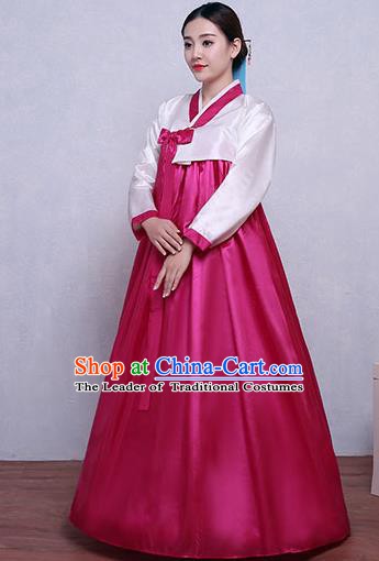 Asian Korean Dance Costumes Traditional Korean Hanbok Clothing White Blouse and Rosy Dress for Women