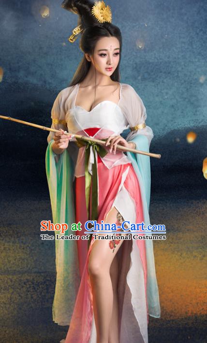 Chinese Traditional Tang Dynasty Imperial Consort Sexy Clothing, China Ancient Fairy Costume and Headpiece Complete Set