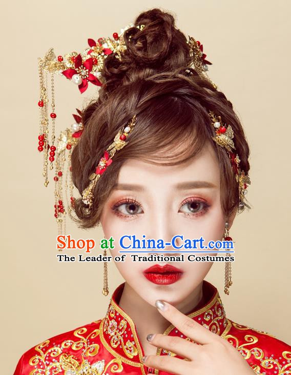 Chinese Handmade Classical Wedding Hair Accessories Ancient Xiuhe Suits Red Flowers Hair Combs Hairpins for Women