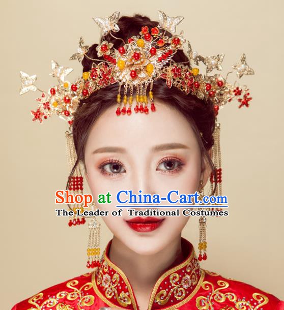 Chinese Handmade Classical Wedding Hair Accessories Ancient Xiuhe Suits Butterfly Phoenix Coronet Hairpins for Women