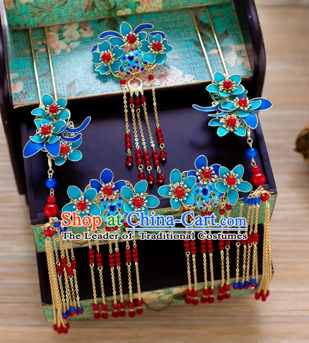 Chinese Handmade Classical Wedding Hair Accessories Ancient Cloisonne Tassel Hairpins Headdress for Women