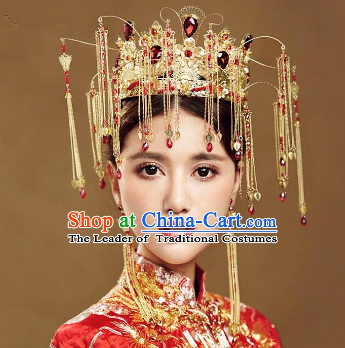 Chinese Handmade Classical Wedding Hair Accessories Ancient Tassel Phoenix Coronet Hairpins Headdress for Women