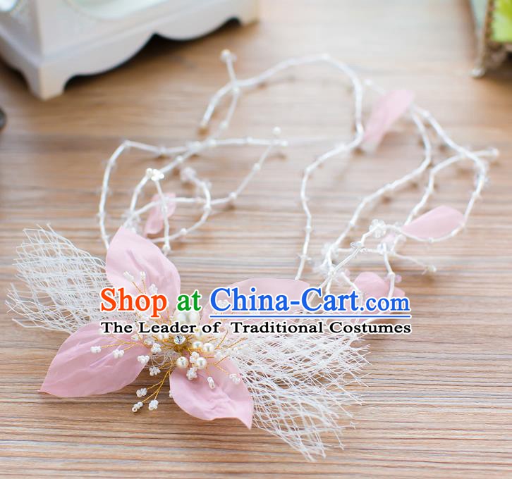 Handmade Classical Wedding Hair Accessories Bride Pink Flower Hair Stick Headband for Women