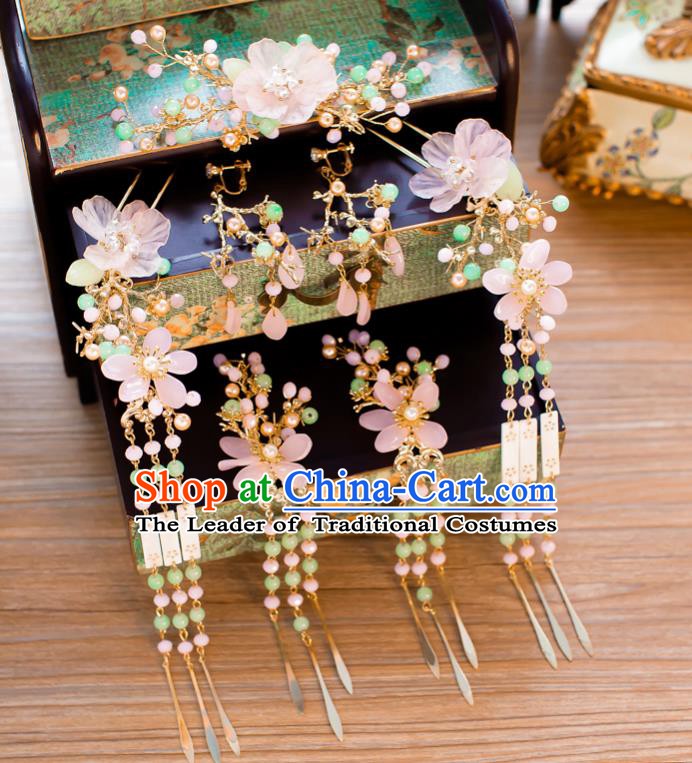 Chinese Handmade Classical Wedding Hair Accessories Ancient Pink Flowers Tassel Hairpins Step Shake for Women