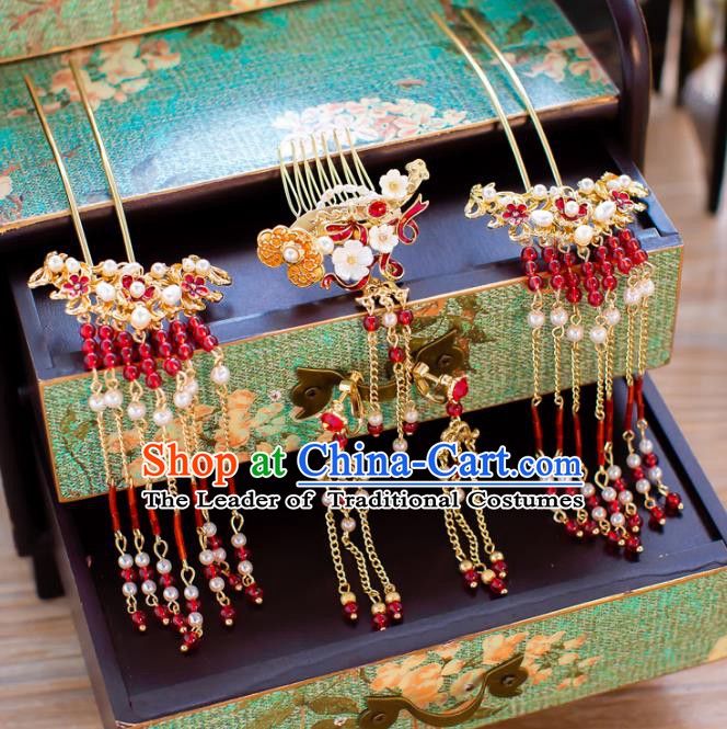 Chinese Handmade Classical Wedding Hair Accessories Ancient Hair Comb Tassel Hairpins for Women
