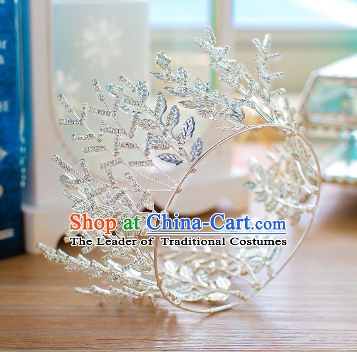 Handmade Classical Hair Accessories Baroque Crystal Leaf Round Royal Crown Princess Coronet for Women