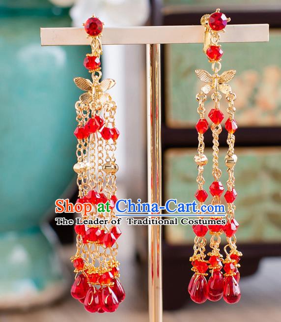 Handmade Classical Wedding Accessories Bride Red Beads Tassel Golden Earrings for Women