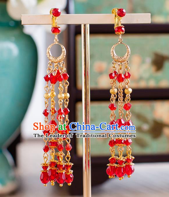 Handmade Classical Wedding Accessories Bride Red Beads Tassel Hanfu Earrings for Women