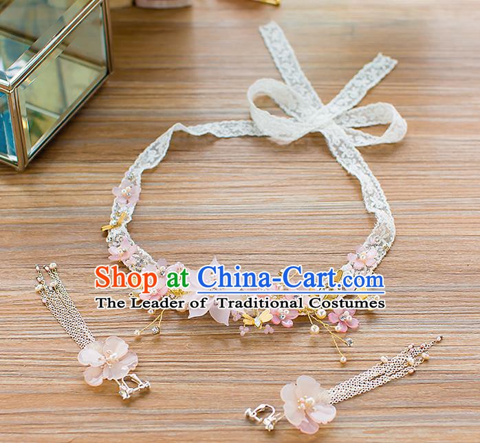 Handmade Classical Wedding Hair Accessories Bride Hair Clasp Pink Flowers Lace Headband for Women