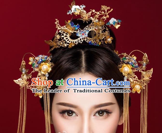 Chinese Handmade Classical Hair Accessories Ancient Palace Cloisonne Phoenix Coronet Hairpins Complete Set for Women