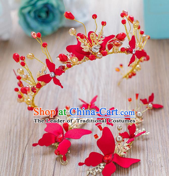 Handmade Classical Wedding Accessories Bride Red Butterfly Hair Crown and Earrings for Women